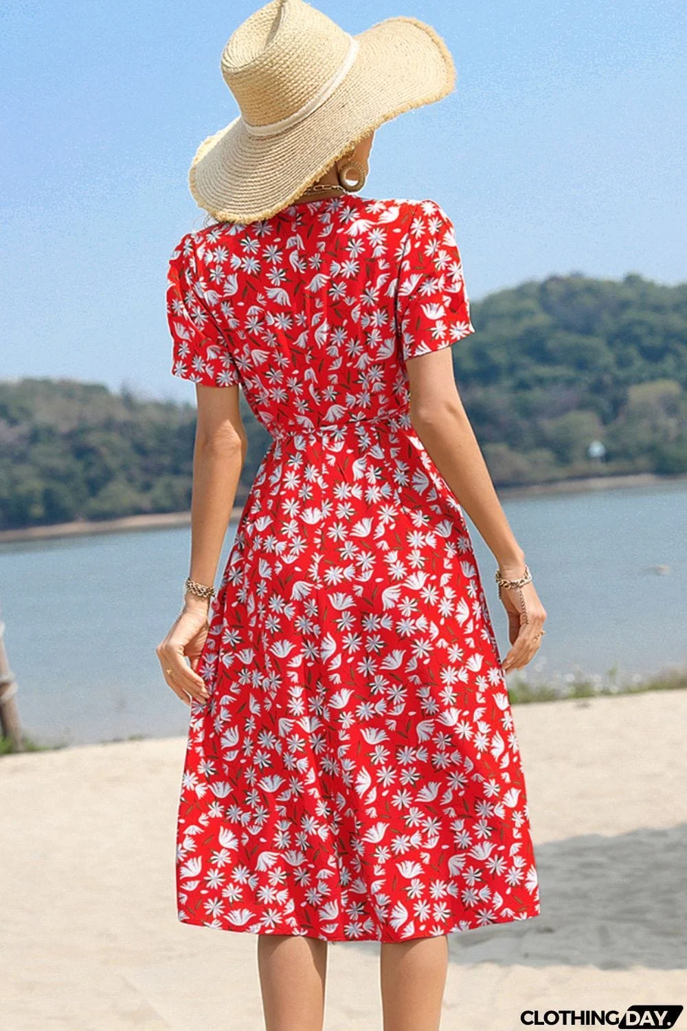 Floral Surplice Neck Short Sleeve Dress