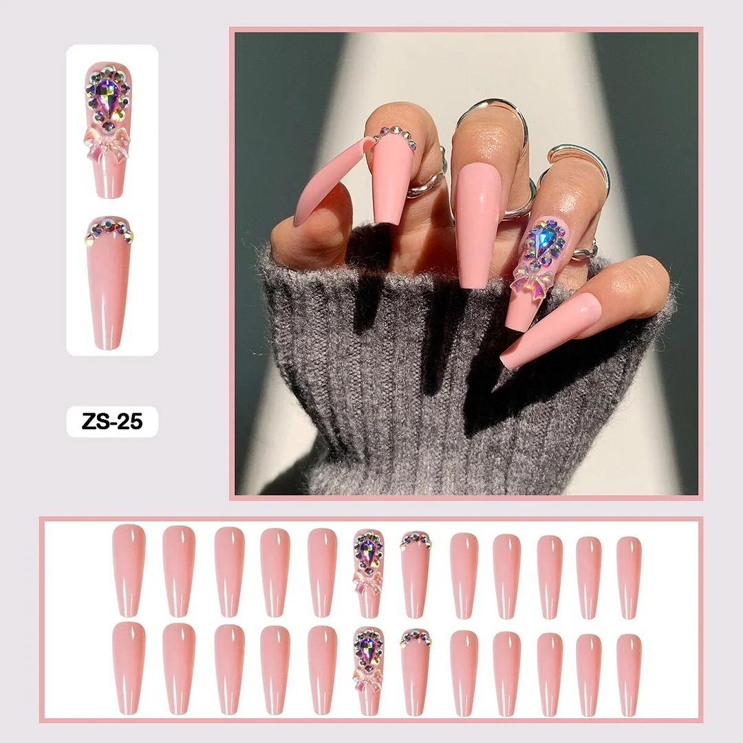 24pcs/box  Long Trapezoid Fake Nails  WIth Jewels Decorated Wearabel False Nails With Glue And Wearing Tools-Nail Inspo