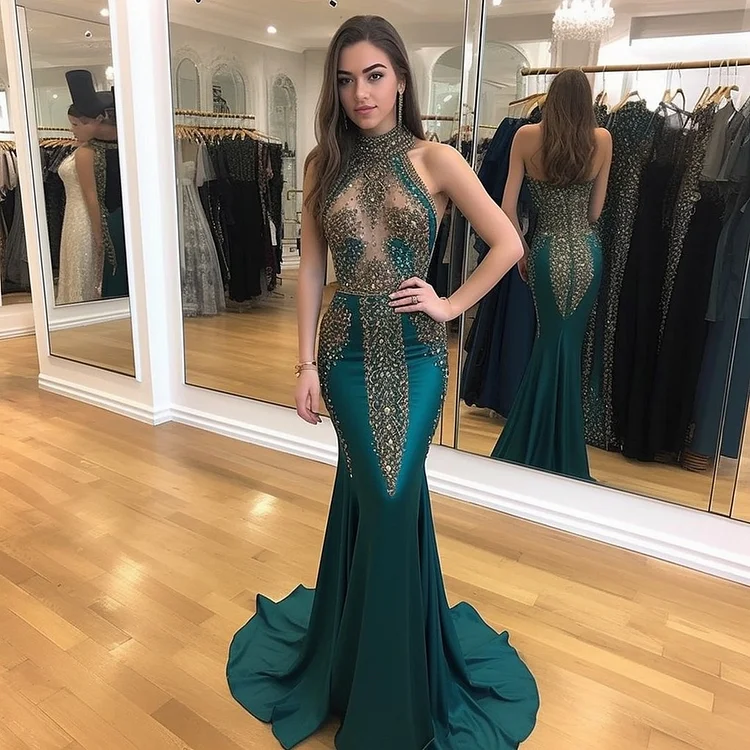 Hellodresses Dark Green Halter Sleeveless Mermaid Sequins Beading Prom Dress