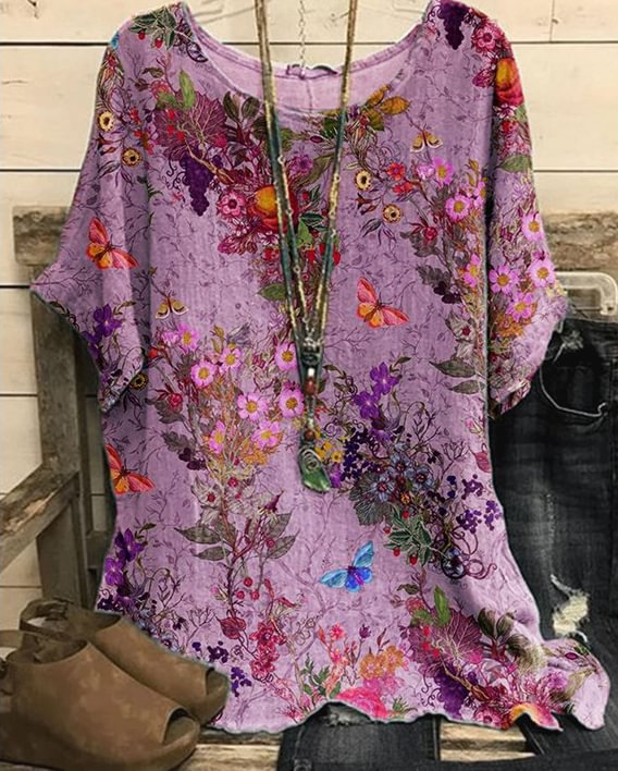 Round Neck Floral Print Casual Loose Long-sleeved Blouse