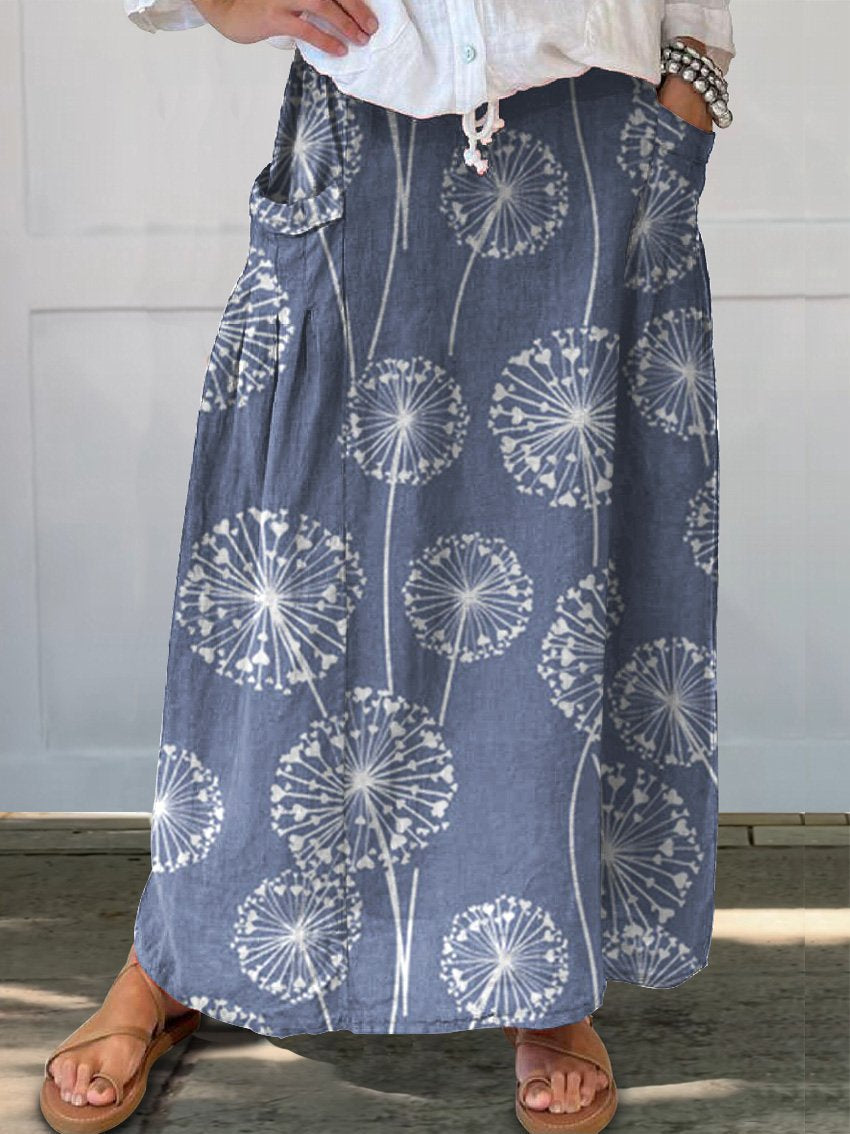 Women’s Dandelion Art Print Linen Pocket Skirt Multicolor / S