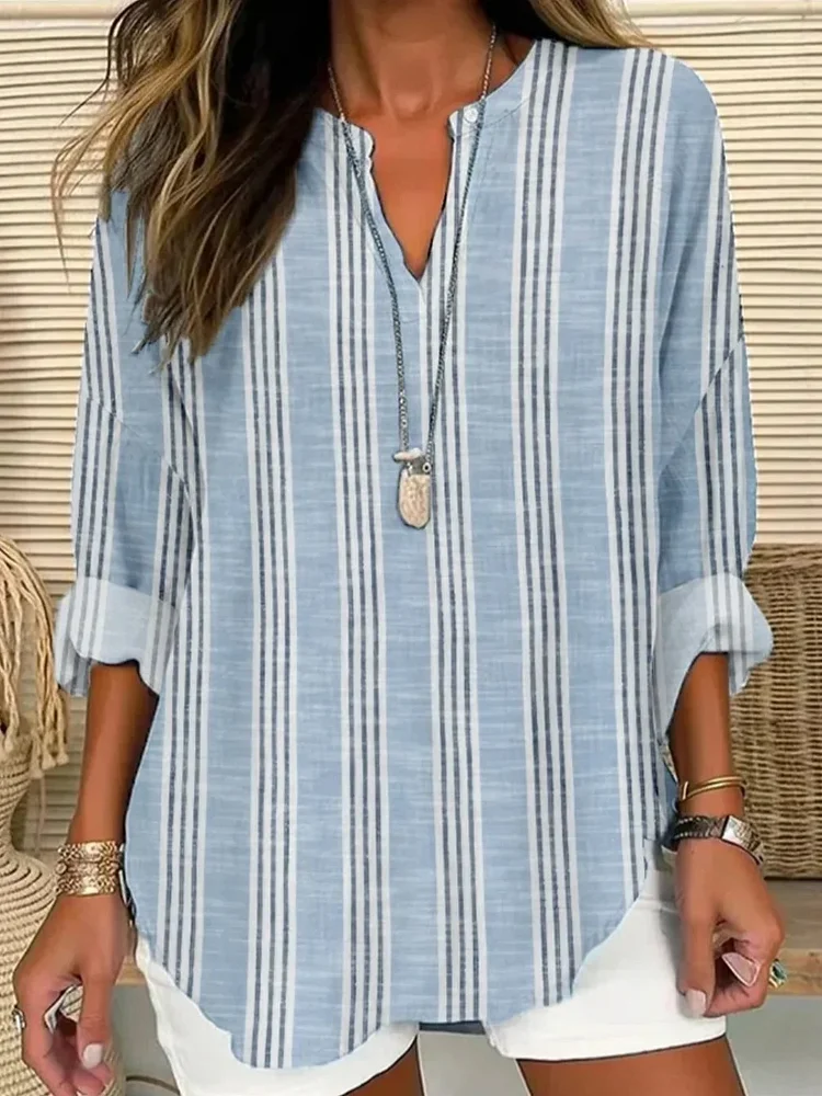 Casual Loose Striped Linen Style Shirt socialshop