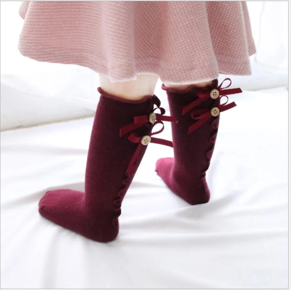 Kids Toddlers Girls Socks Big Bow Knee High Long Soft Cotton Lace Baby Solid Autumn Warm Ruffles Bow