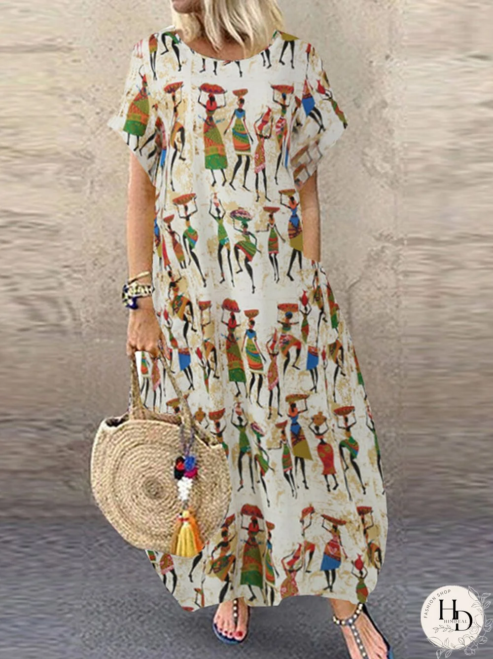 Vintage Ethnic Print Short Sleeve Plus Size Dress