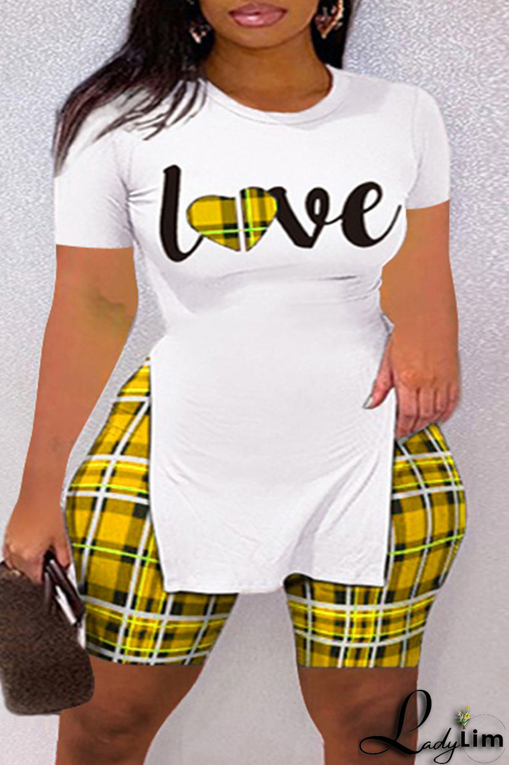 Yellow Fashion Casual Letter Print Slit O Neck Plus Size Two Pieces
