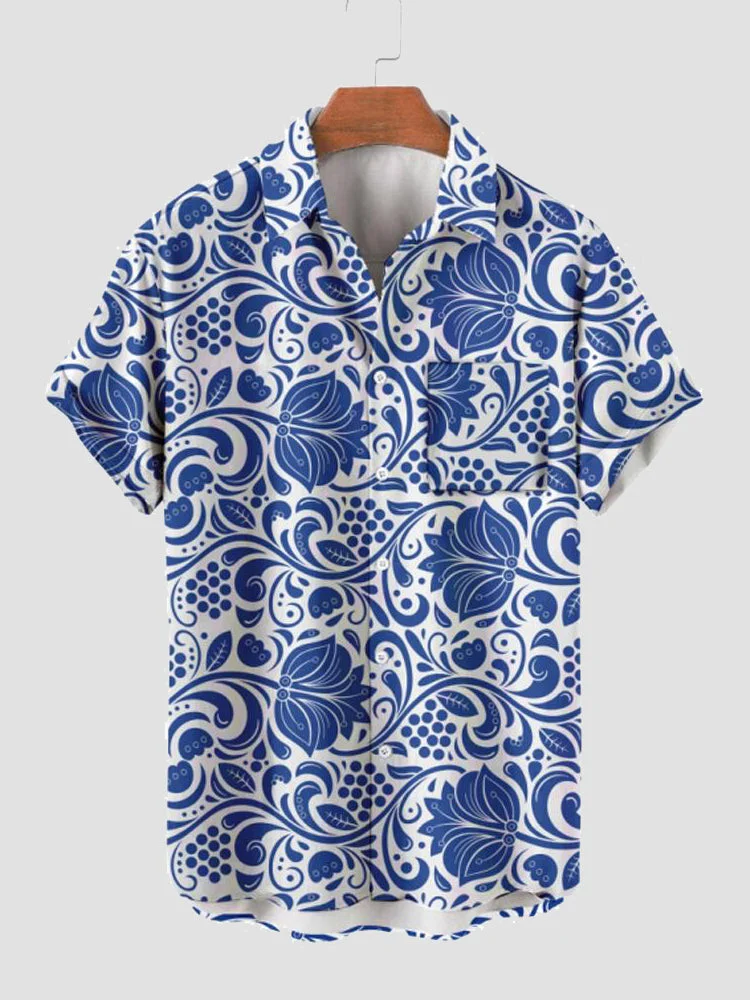 Blue and White Porcelain Lotus Printing Short Sleeve Shirt