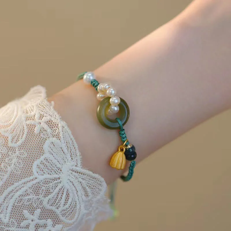 Natural Hetian Jade Peace Buckle Pearl Luck Handcrafted Braided Bracelet