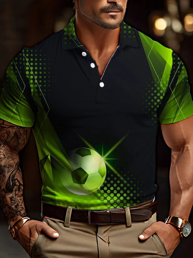 Gradient Black And Green Technological Cool Football Pattern Printing Short Sleeve Polo BestDVibe