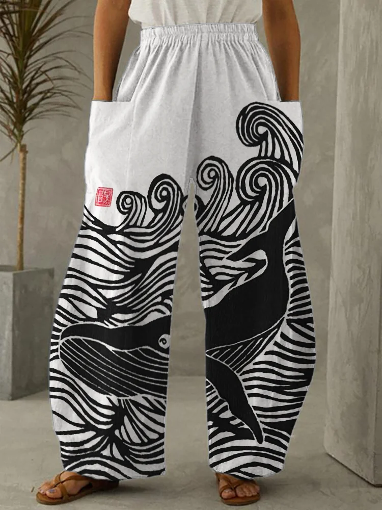 Whale & Waves Japanese Lino Art Wide Leg Pants