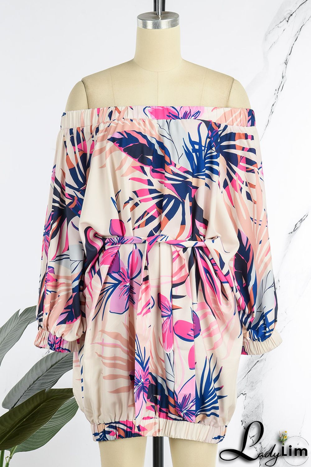 Rose Red Casual Print Backless Off the Shoulder Lantern Dress Dresses