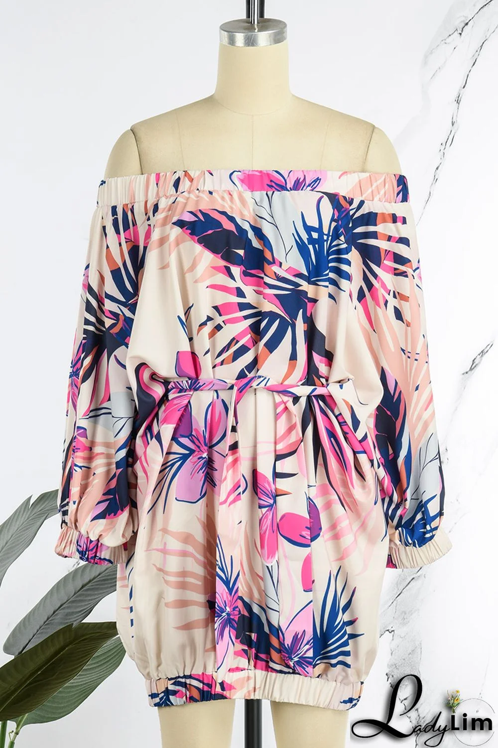 Rose Red Casual Print Backless Off the Shoulder Lantern Dress Dresses