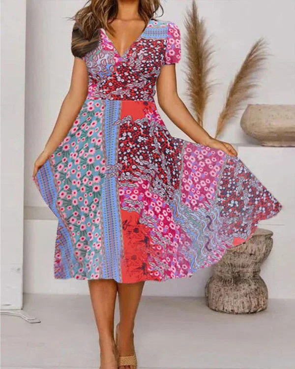 V-neck Casual Loose Print Short Sleeve Midi Dress