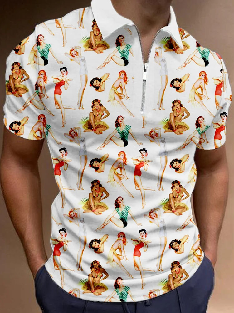 Comstylish Vintage Tropical Hawaiian Pinup Girls Zip Up Polo Shirt
