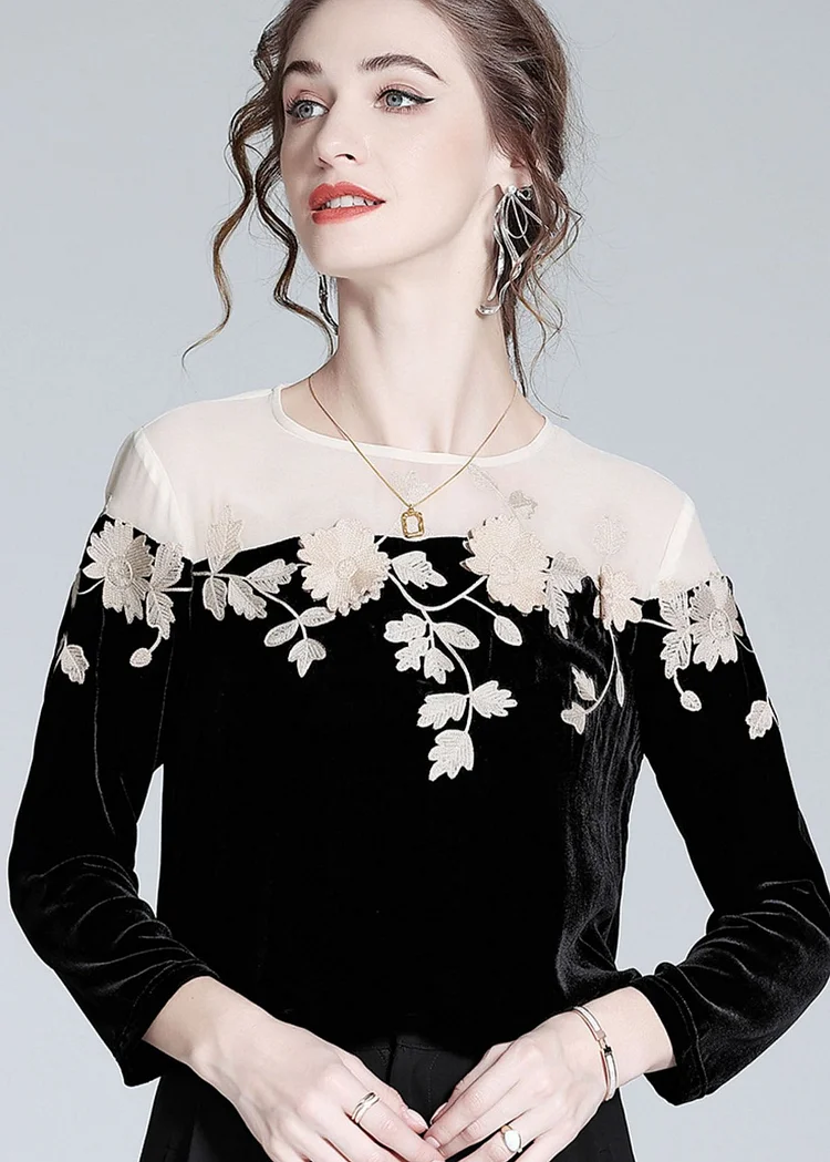 Casual Black Embroideried Patchwork Silk Velour T Shirt Spring