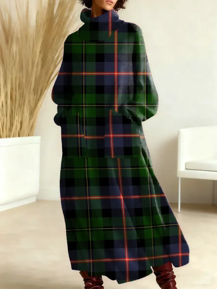 Women's Vintage Plaid Art Print Casual Cotton Knitted Dress