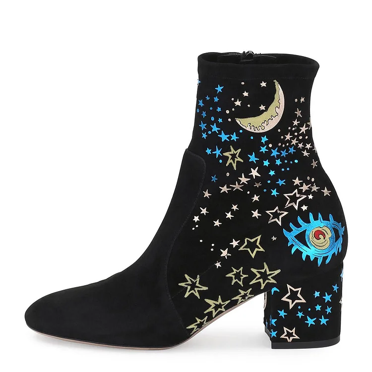 Custom Made Women's Astronomical Block Heel Ankle Boots in Black |FSJ Shoes