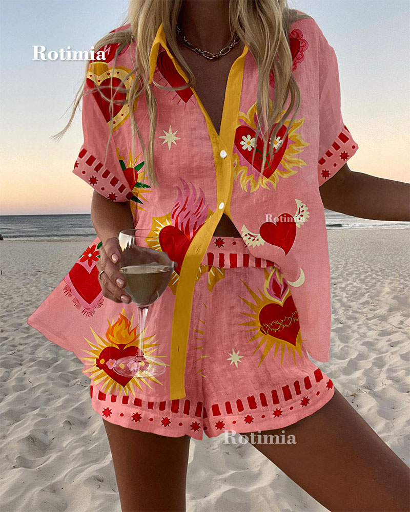 Beach Heart Print Shirt & Shorts Two-Piece Set