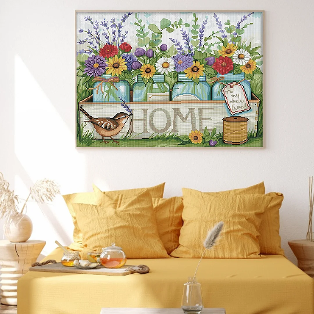 Home Vase and Bird Full 11CT DIY Stamped Cross Stitch Kits 50x40cm Home Decor