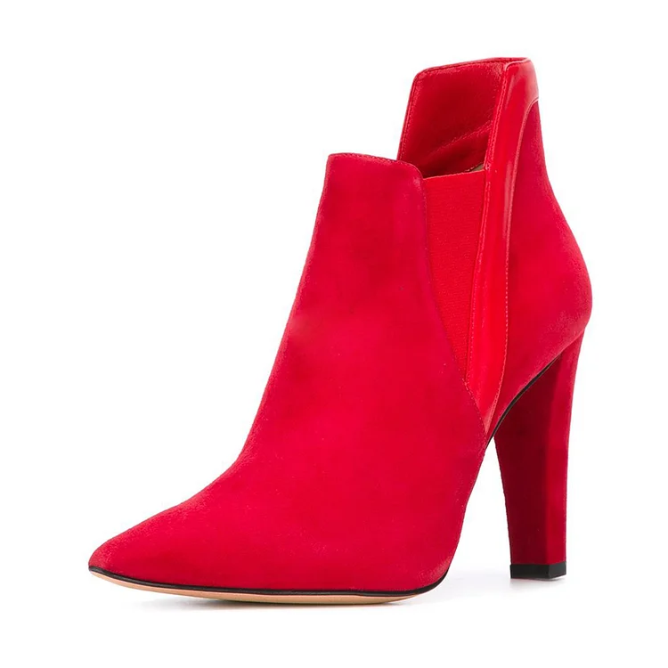 Women's Red Commuting Vegan Suede Pointed Toe Chunky Heel Boots |FSJ Shoes