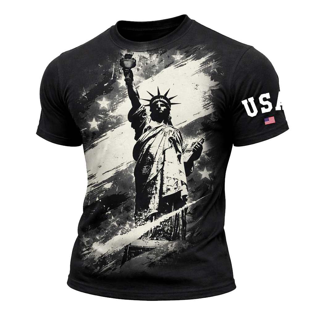 Cotton USA Patriotic T-Shirt With Statue Of Liberty Print - American Flag Design For Men - Helixace