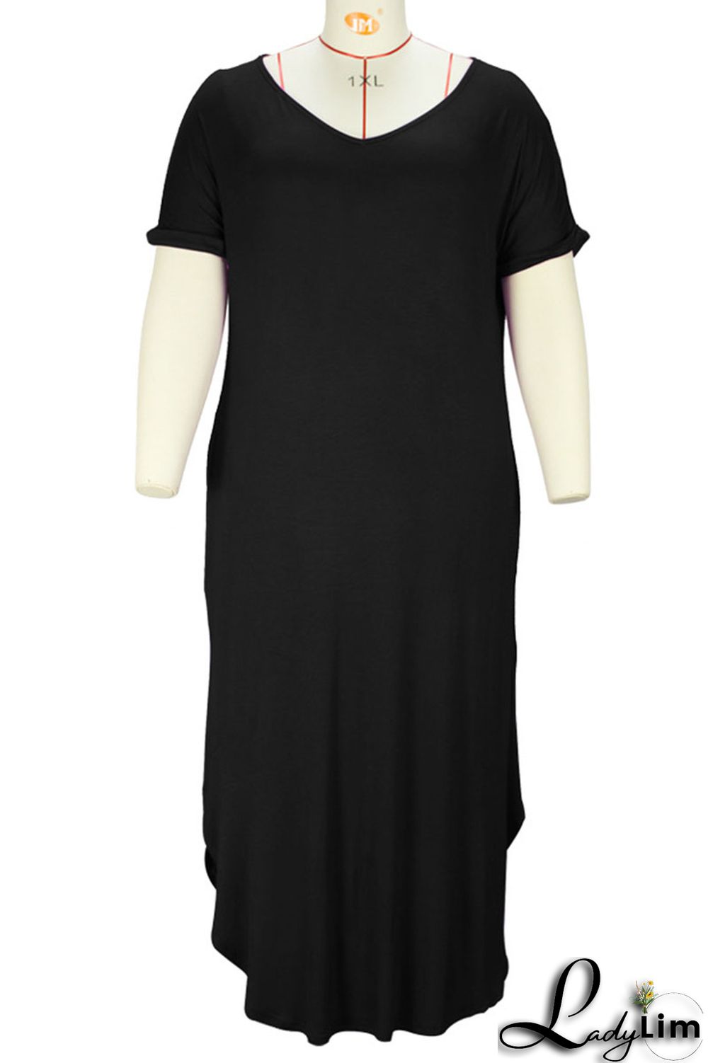 Blue Casual Solid Patchwork Slit V Neck T-shirt Dress Plus Size Dresses