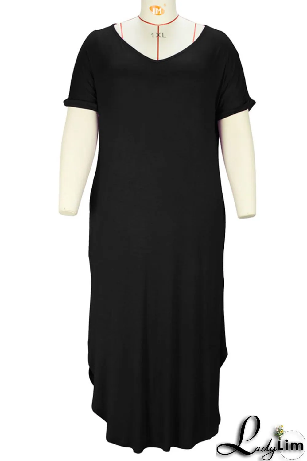 Blue Casual Solid Patchwork Slit V Neck T-shirt Dress Plus Size Dresses