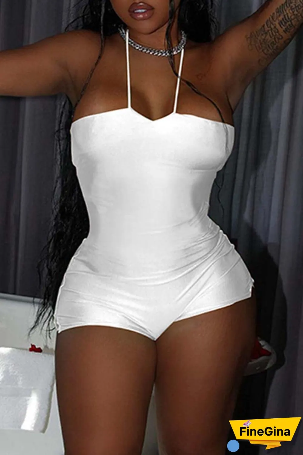 Orange Sexy Solid Backless Spaghetti Strap Skinny Romper