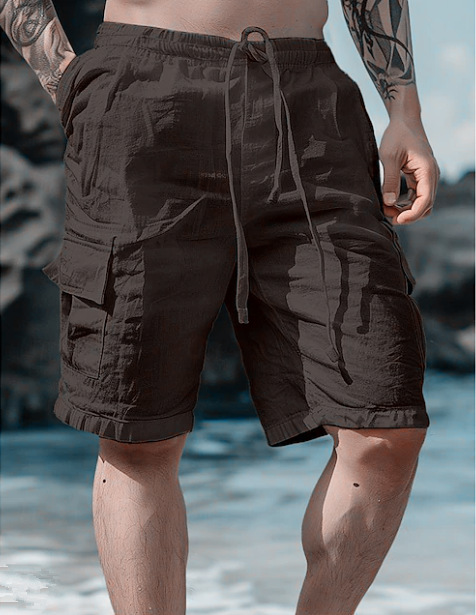Men's daily casual cotton and linen solid color breathable five-point casual pants