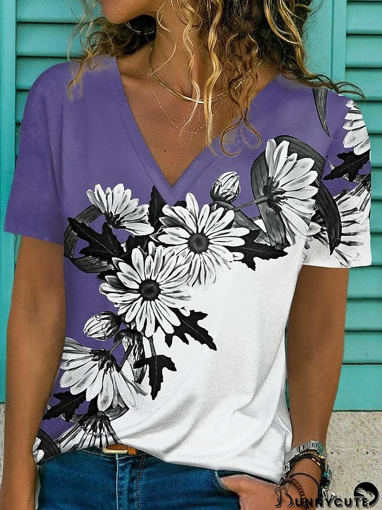 Women's Short Sleeve V Neck Floral Printed Casual Top