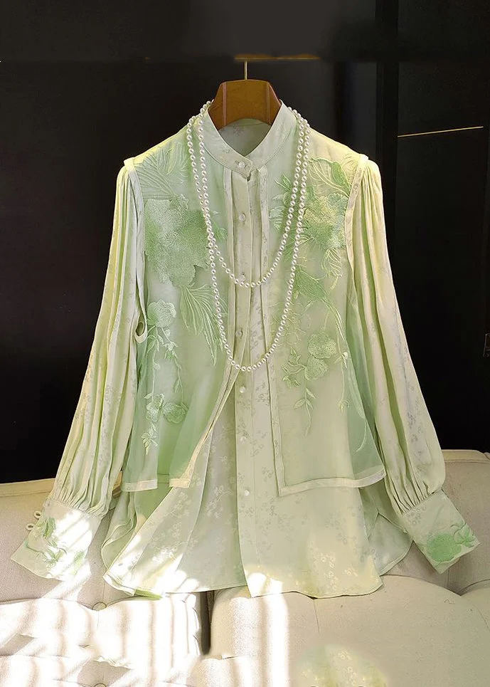 Style Light Green Embroideried Patchwork False Two Pieces Silk Cotton Shirts Fall
