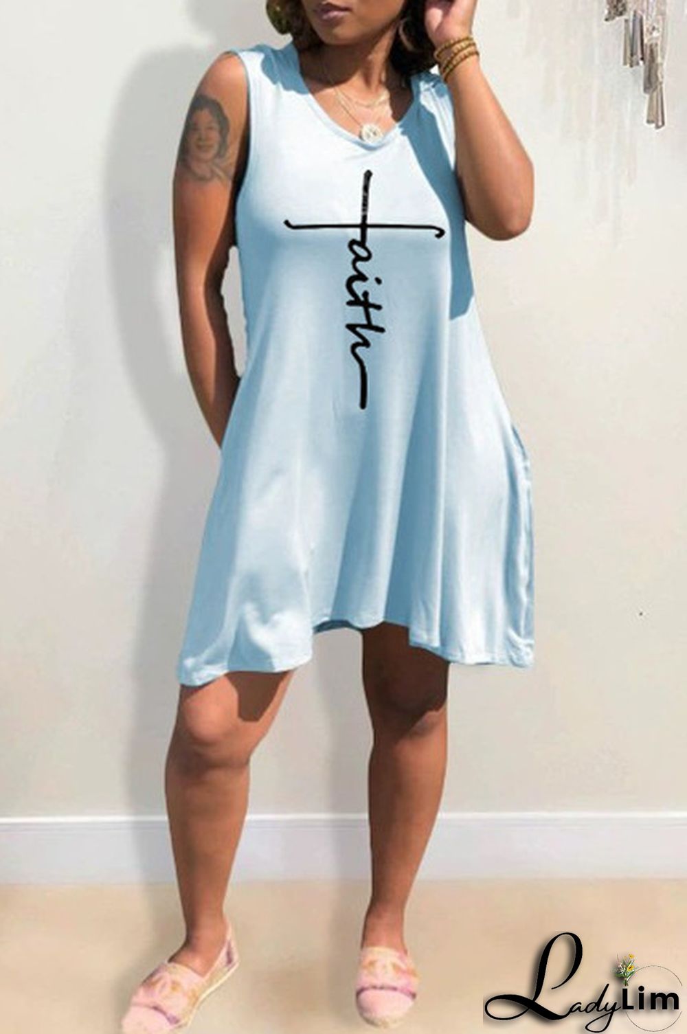 Light Blue Fashion Casual Print Basic Hooded Collar Sleeveless Dress Dresses