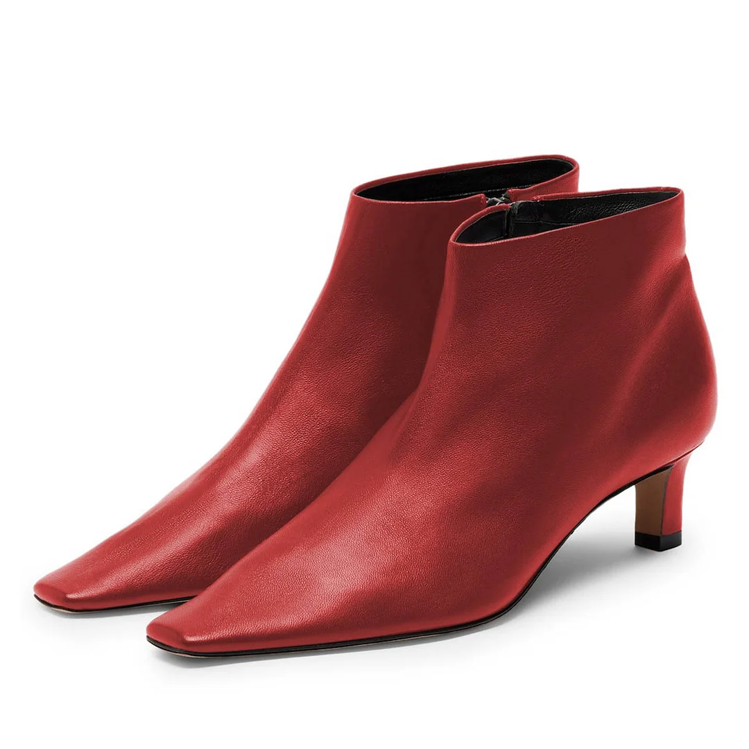 Red Square Toe Low Kitten Heel Ankle Fashion Boots for Women