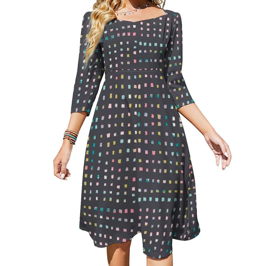 Black With Color Checker Boxes Pattern Dress Sweetheart Tie Back Flared 3/4 Sleeve Midi Dresses