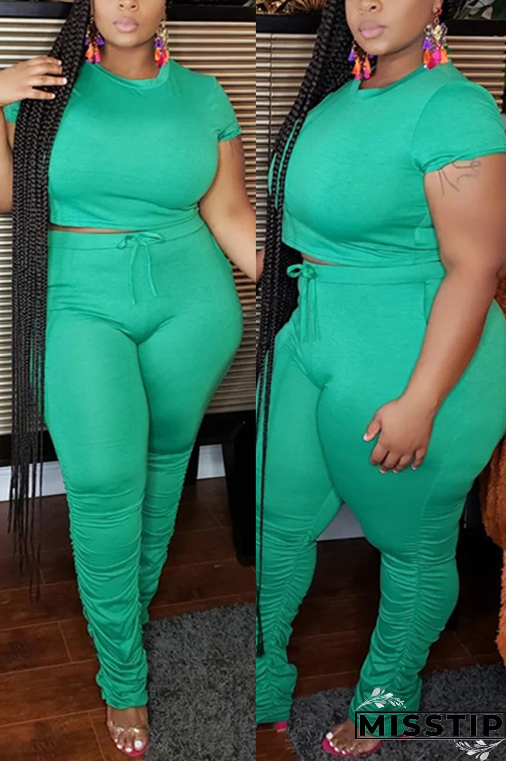Green Fashion Casual Trousers Plus Size Two-piece Set