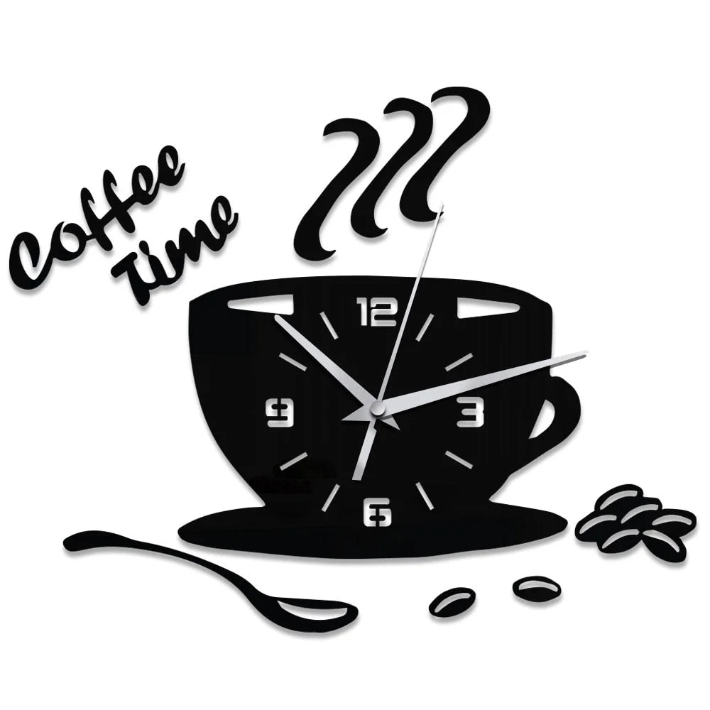 Creative Coffee Cup Shaped Wall Clock Modern Design 3D Mirror Wall Clocks Stickers for DIY Home Room Kitchen Wall Decorations