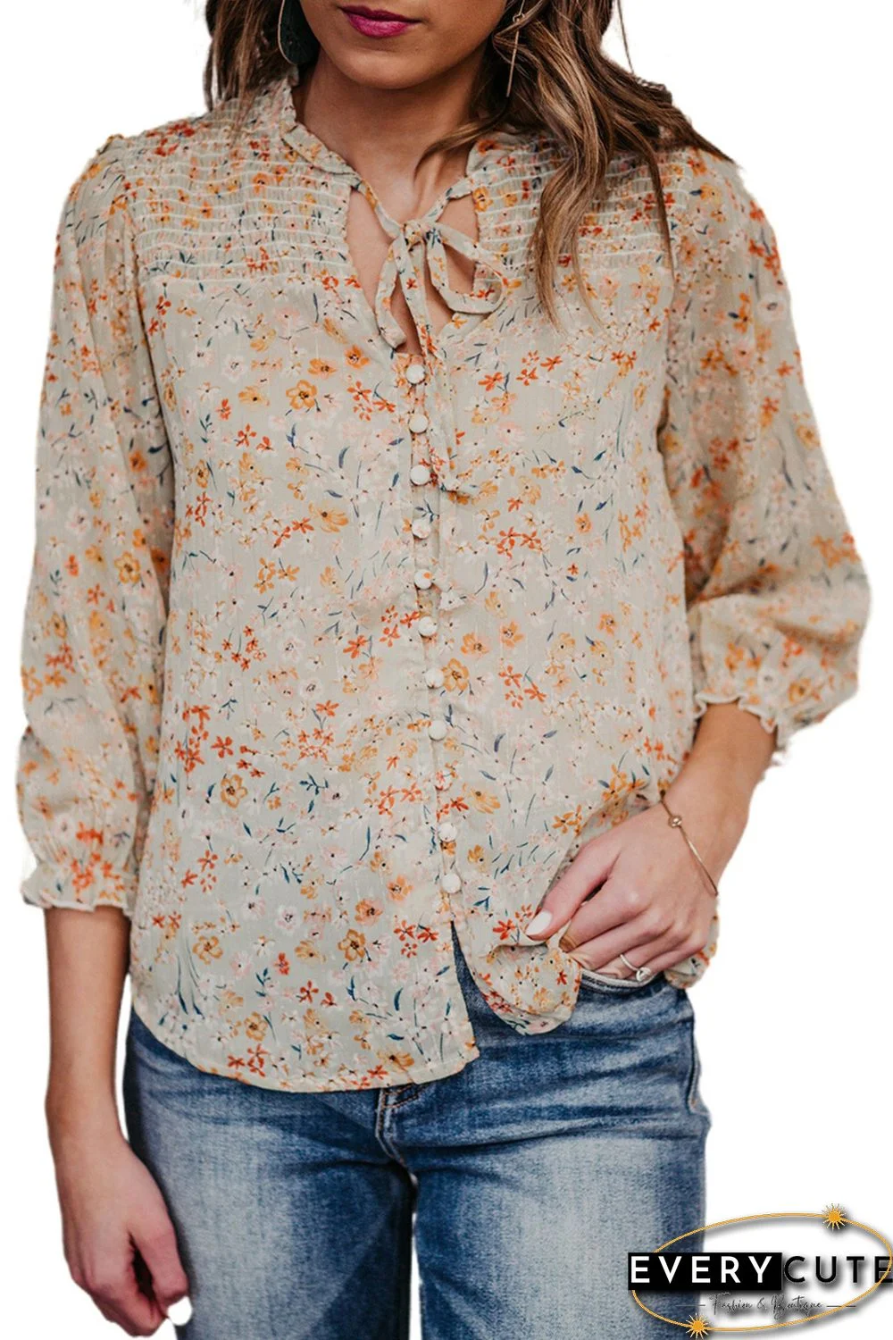 Floral Print Lace Up V Neck Buttoned Shirt