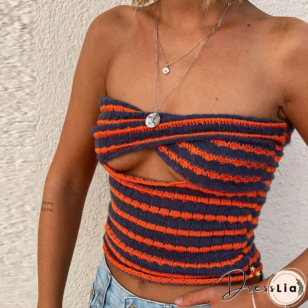 Strapless Knitted Crop Top Women Hollow Out Summer Autumn Sleeveless Backless Sexy Y2k Tank Tops Vintage Fashion