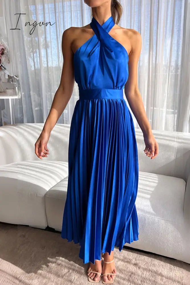 Ingvn - Elegant Solid Fold Halter Dresses Royal Blue / S Dresses/Summer
