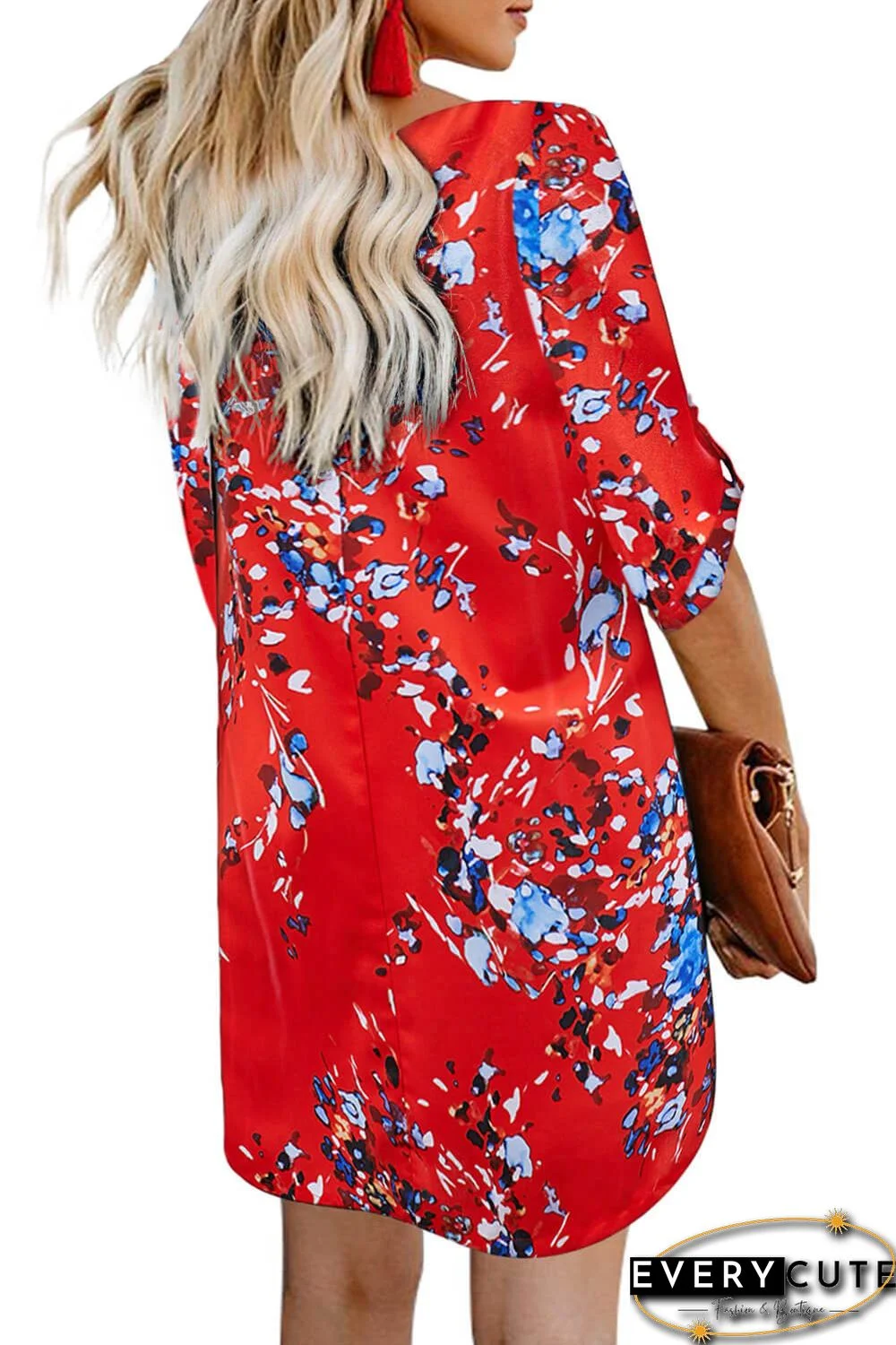 Orange V Neck 3/4 Roll Sleeve Button Down Floral Dress