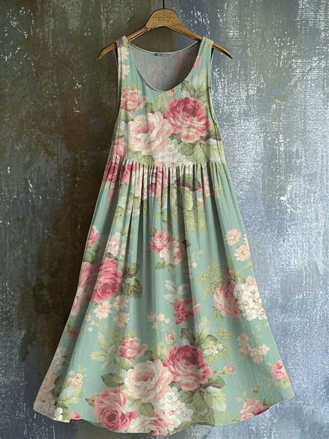Cotton and Linen Woven Retro Pastoral Style Artistic Floral Suspender Dress 