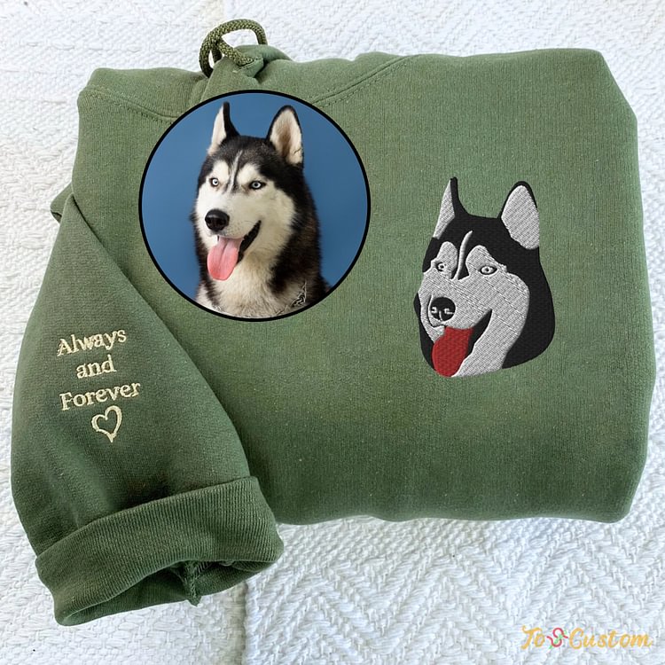 TOSCUSTOM™ Embroidered Husky Sweatshirt or Hoodie Custom Dog portrait Embroidery