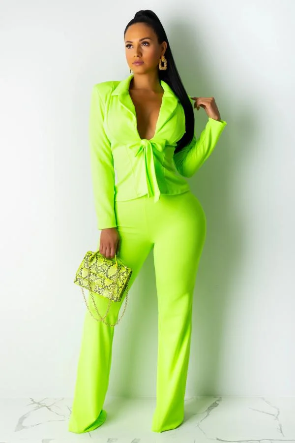 Fluorescent green Work Solid Straight Long Sleeve Two-piece Pants Set | EGEMISS