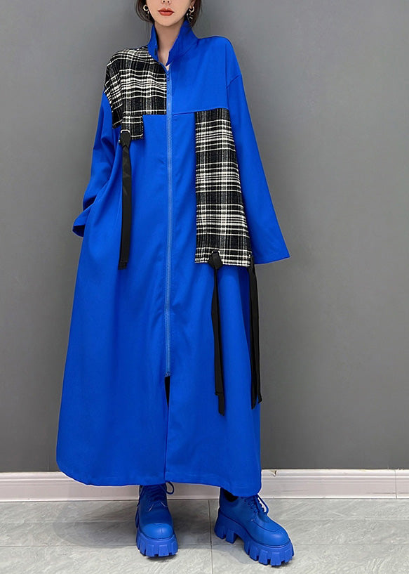 VCSHOES Blue Peter Pan Collar Zippered Patchwork Tassel Maxi Coat Spring