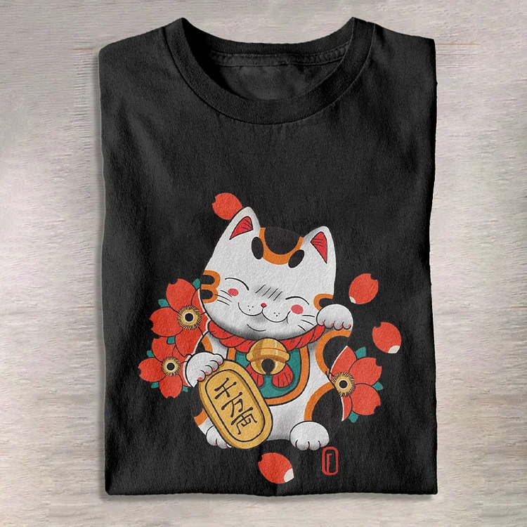 Lucky Cat Among Cherry Blossoms Japanese Print T-shirt