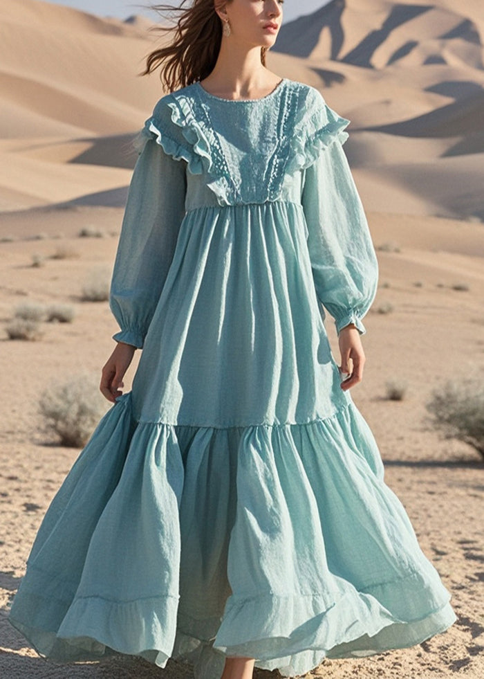 VCSHOES Sky Blue Ruffled Exra Large Hem Cotton Maxi Dresses Fall