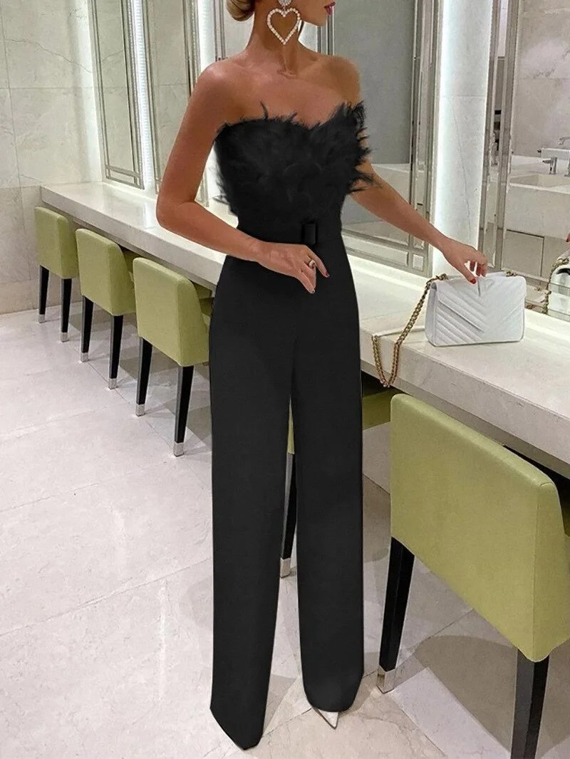 Feather Tube Top  Evening Party Jumpsuit Women Sleeveless High-waisted Straight Playsuits Night Clubwear Overalls Jump Suits