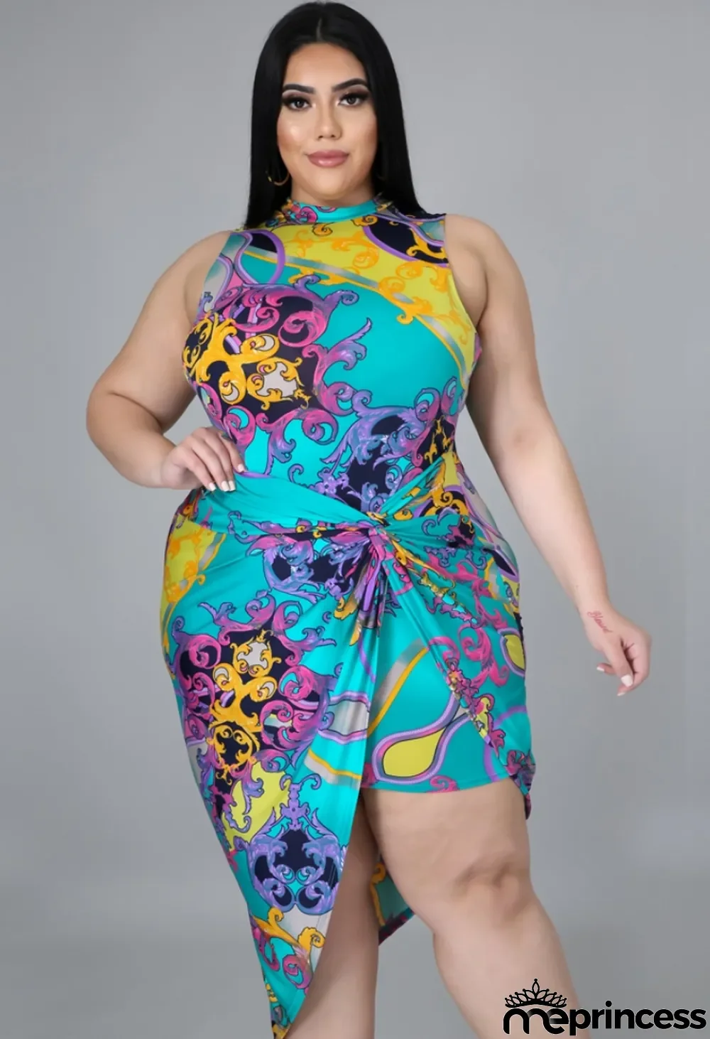 Summer Plus Size Print Retro Sleeveless Irrgular Party Dress
