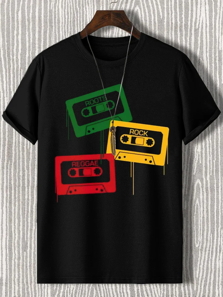 <💯Cotton> Men's Multicolor Tapes Black Music Print Cotton Casual T-Shirt