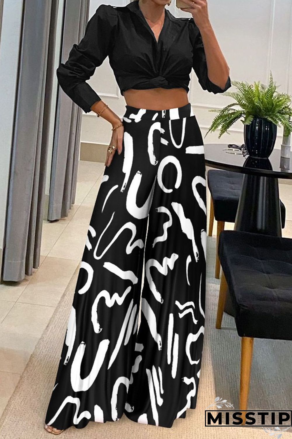 White Casual Print Patchwork Turndown Collar Long Sleeve Two Pieces