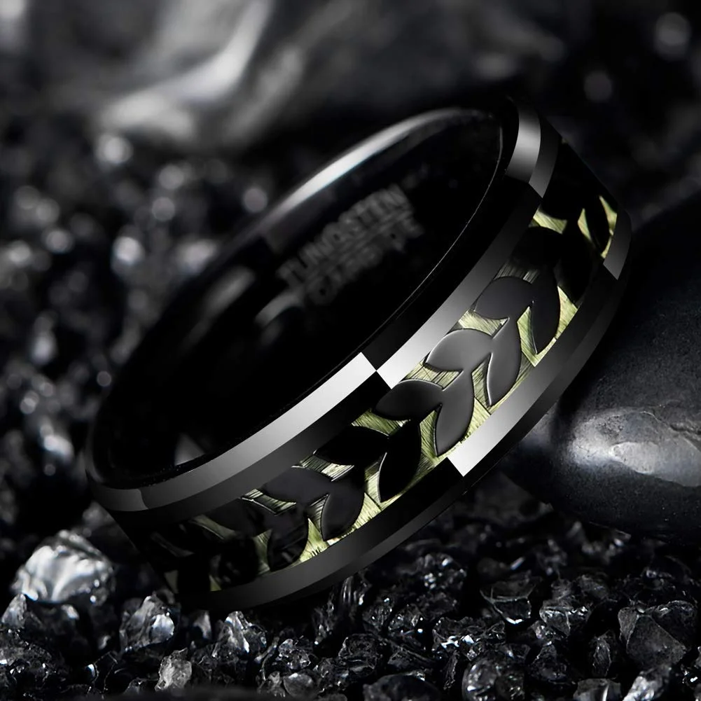 6MM 8MM Unisex Leaves and Carbon Fiber Inlay Black and Green Tungsten Matching Carbide Rings Men Women Couple